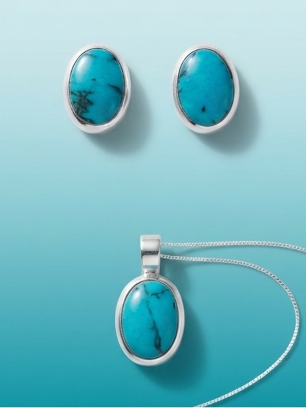 Turquoise Oval Pendant and Stud Earrings Set in Sterling-Style Silver